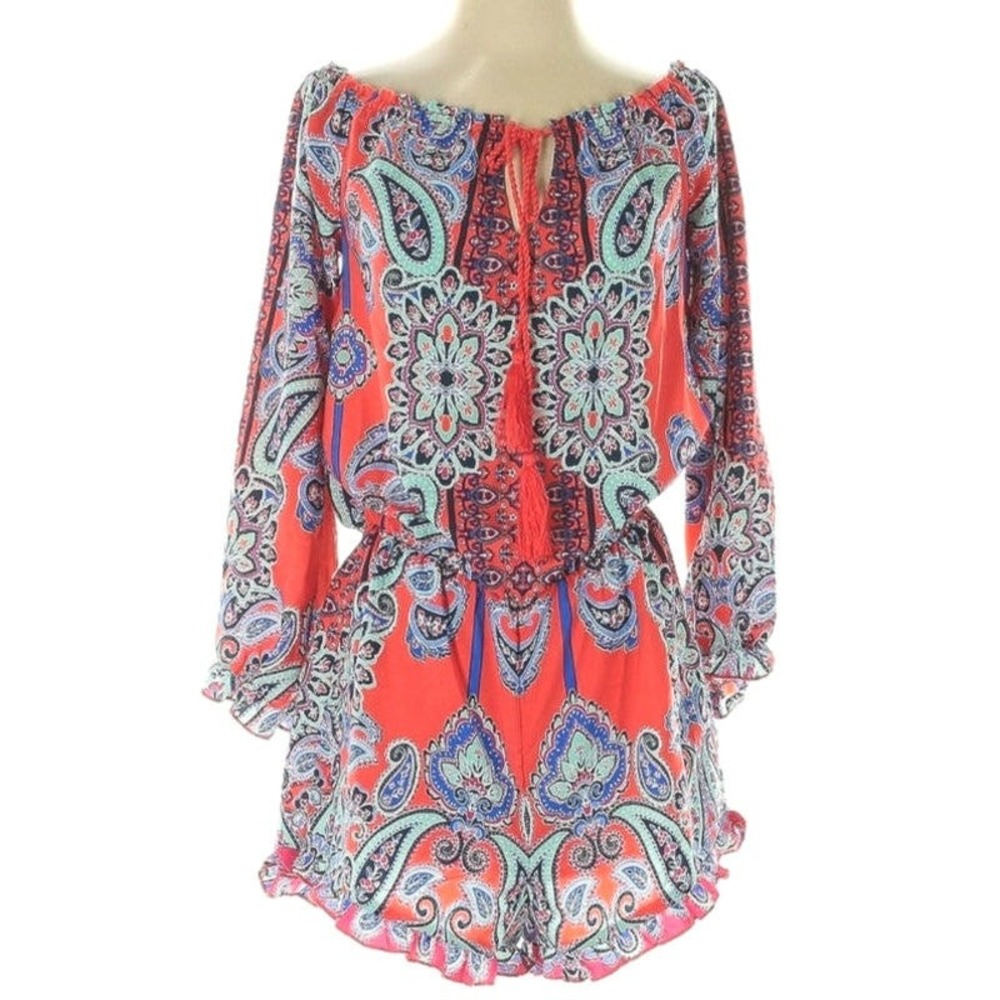VENUS Coral and Blue Paisley Off the Shoulder Romper Ruffle‎ Shorts Size 12